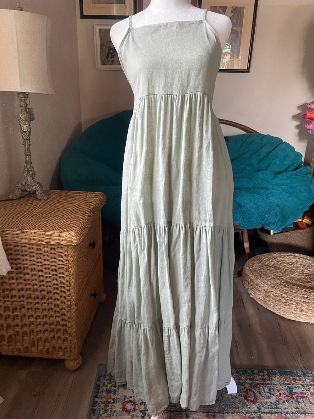 Tiered Maxi Dress in Light Sage Green with Spaghetti Straps